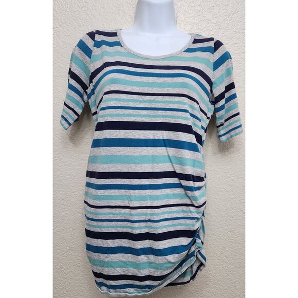 Motherhood Maternity Blue Gray Striped Ruched Sides Top Medium Short Sleeves - Picture 1 of 5